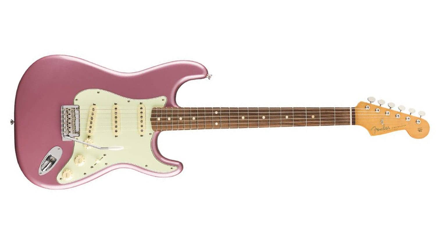 fender vintera 60s stratocaster with pink body, white pickups and pickguard, and rosewood fretboard