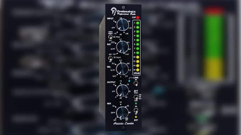 fredenstein audio artistic leveler 500 series compressor with black enclosure and control knobs, LED metering