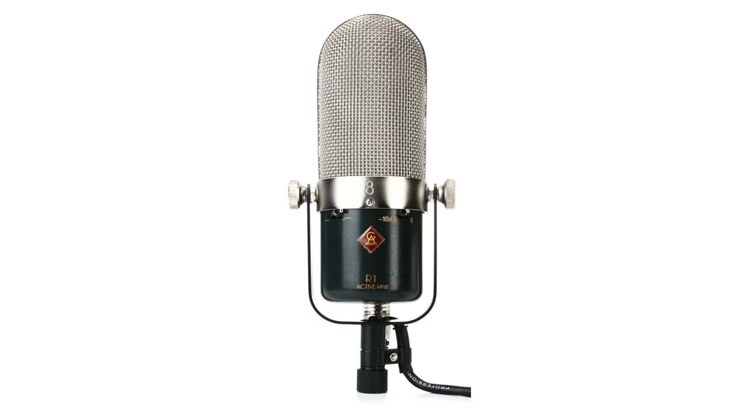 golden age r1 active ribbon microphone with black casing, gray grille, and Golden Age logo