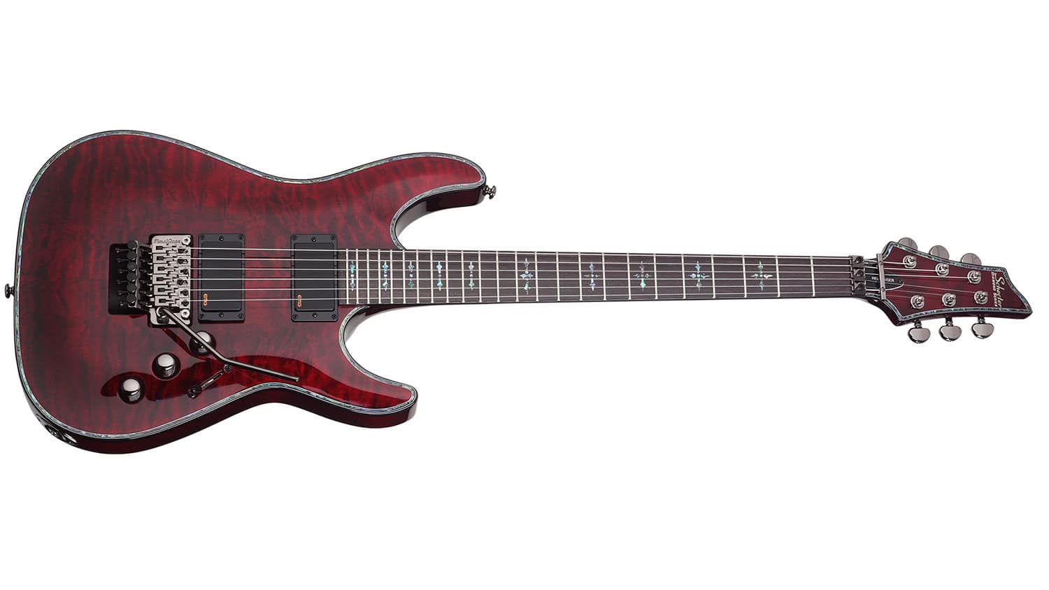 schecter guitars c-1 with striped red body, black pickups, and rosewood fretboard