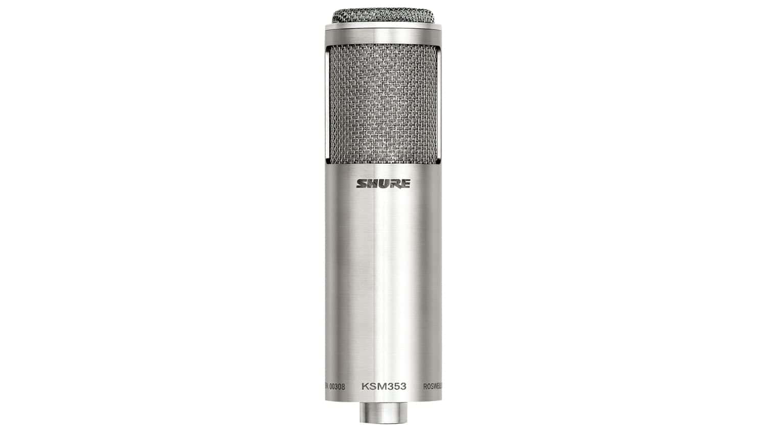 shure ksm353 ribbon microphone with silver enclosure and grille