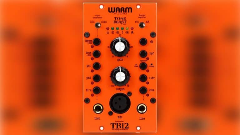 warm audio tone beast tb12 500 series preamp front shot with orange enclosure, control knobs, and settings switches