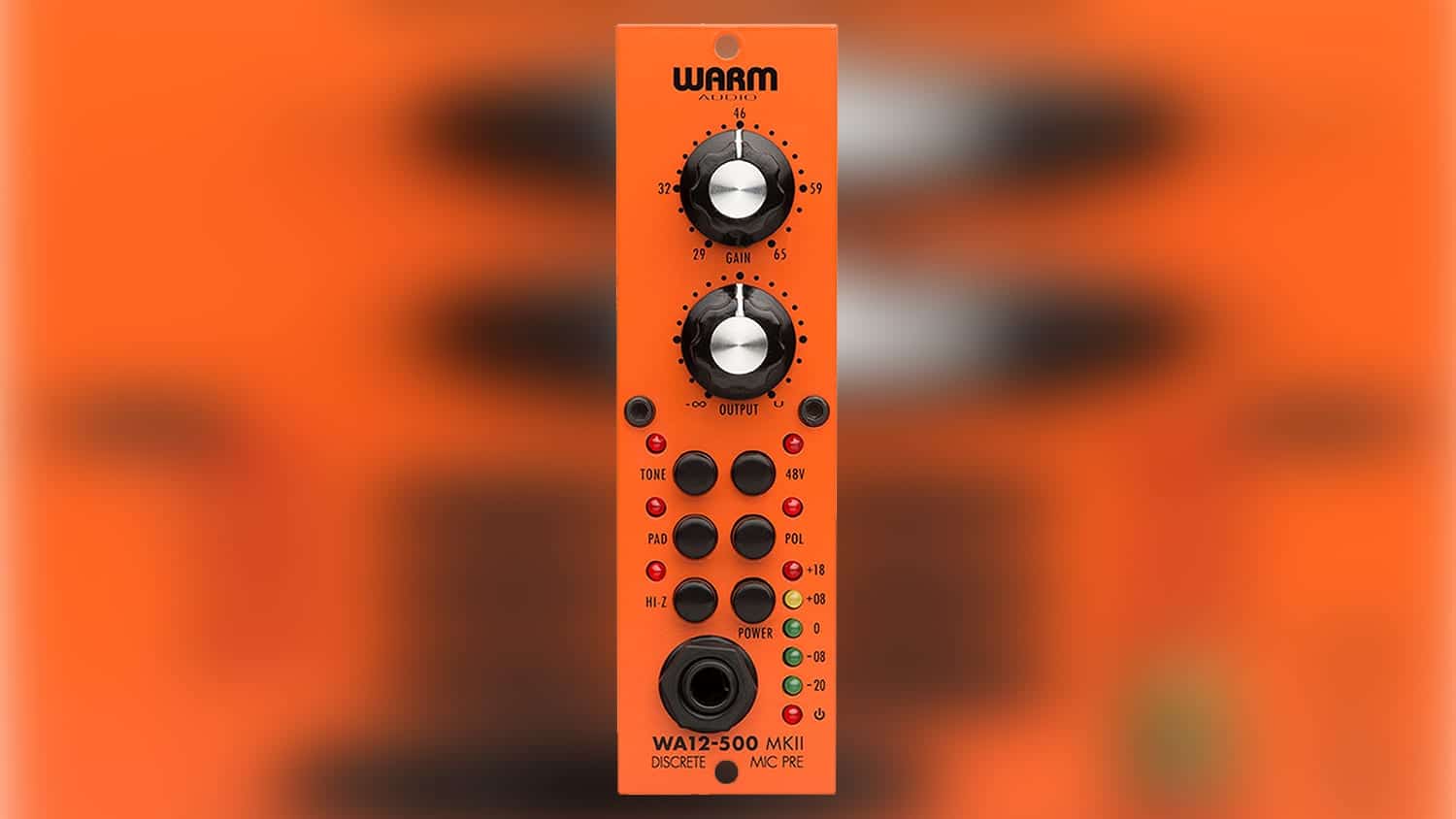 warm audio wa12 500 series preamp front shot with orange enclosure, control knobs, and settings buttons