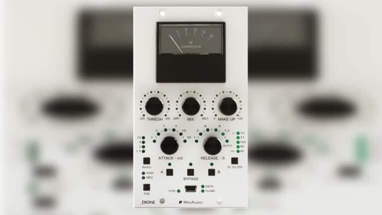 wesaudio _dione 500 series compressor front shot with white enclosure, black control knobs, and metering