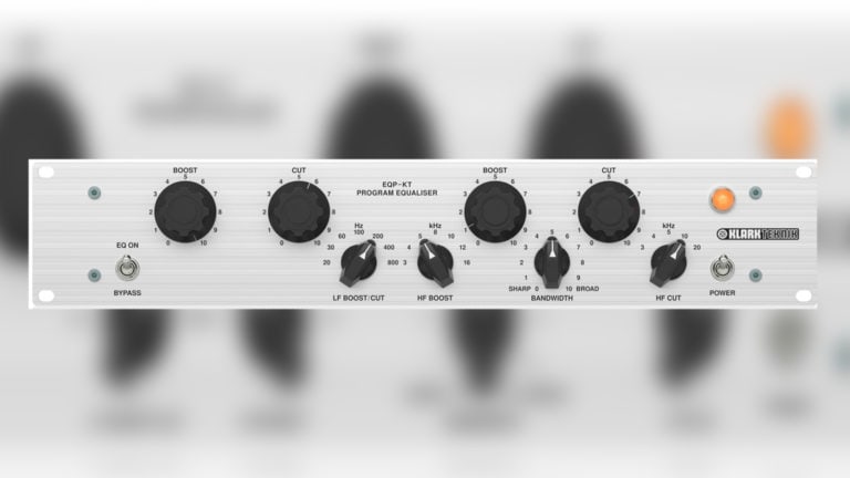 klark teknik eqp-kt equalizer front shot with white faceplate, black control knobs, and switches