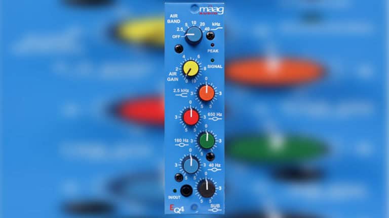 maag audio eq4 500 series equalizer front shot with blue faceplate and multi-color knobs