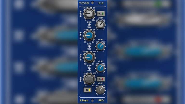 midas 512 500 series equalizer with blue faceplate and blue and grey control knobs