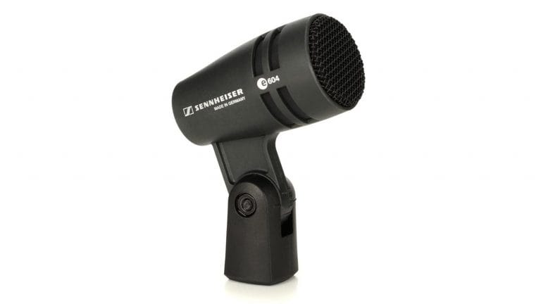sennheiser e604 dynamic microphone side shot in black with Sennheiser logo