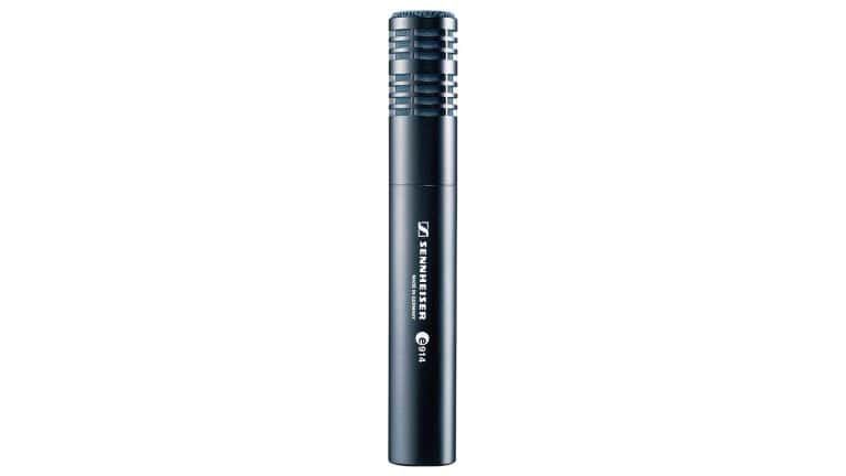 sennheiser e914 small diaphragm condenser microphone side shot with black enclosure, grille, and Sennheiser logo