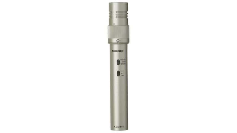 shure ksm141 small diaphragm condenser microphone side shot with champagne case and switches