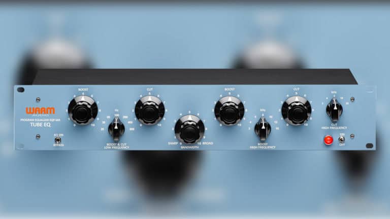 warm audio eqp-wa equalizer front shot with blue faceplate, black knobs, and Warm Audio logo