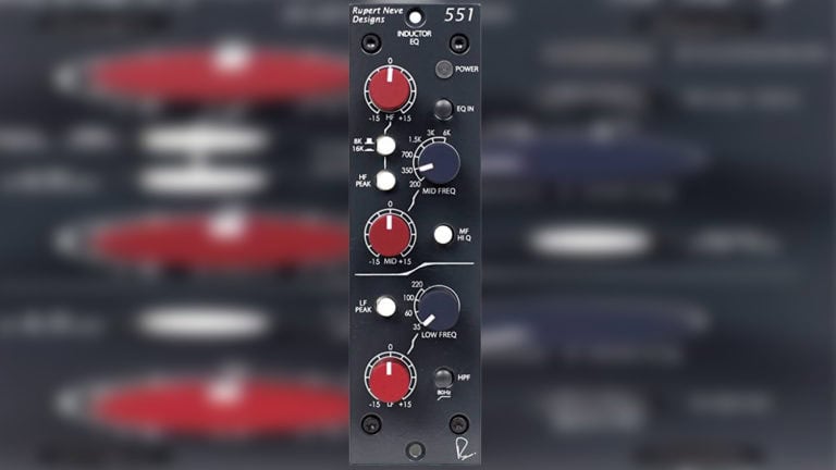 rupert neve designs 551 equalizer front shot in black with red and black control knobs and switches