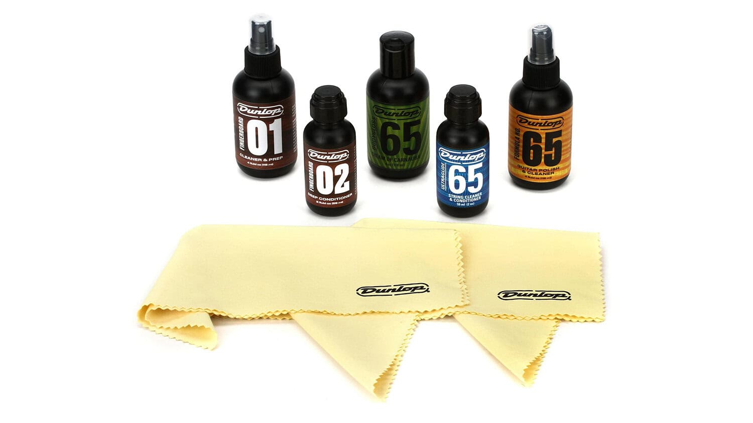 Dunlop System 65 Guitar Maintenance Kit with containers and yellow cleaning cloths