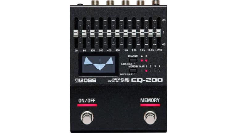 boss eq200 eq pedal top shot with gain sliders, black enclosure, and dual footswitches