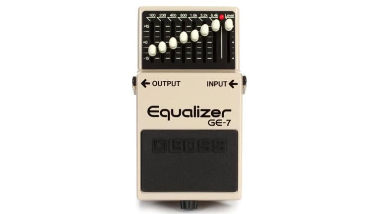 boss ge-7 eq pedal top shot with gain sliders and electronic footswitch