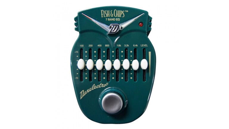 danelectro fish and chips EQ pedal top shot with green enclosure, white gain sliders, and silver footswitch