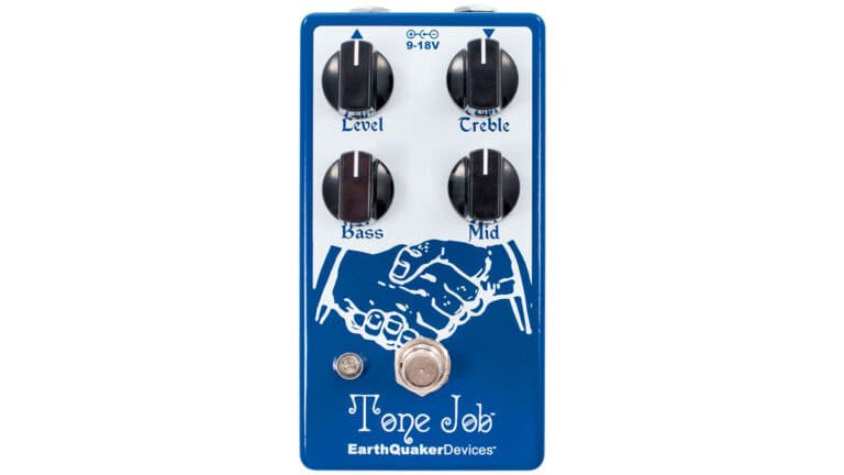 earthquaker devices tone job eq pedal top shot with graphics, four black control knobs, and artwork