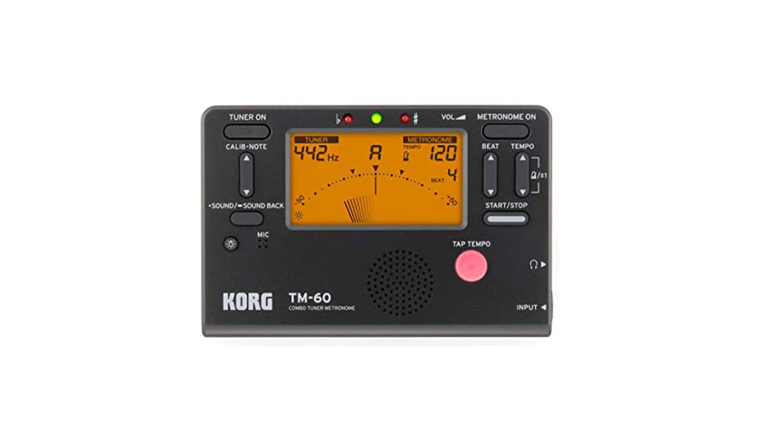 korg tm-60 tuner and metronome in black with orange LCD screen