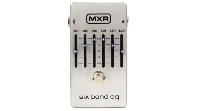mxr 6 band eq pedal top shot with silver enclosure, gain sliders, footswitch, and MXR logo