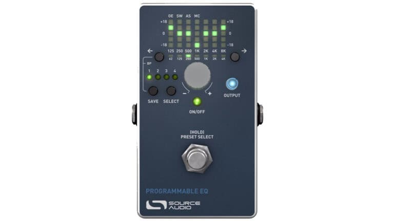 source audio programmable eq2 pedal with dark blue enclosure and settings LEDs