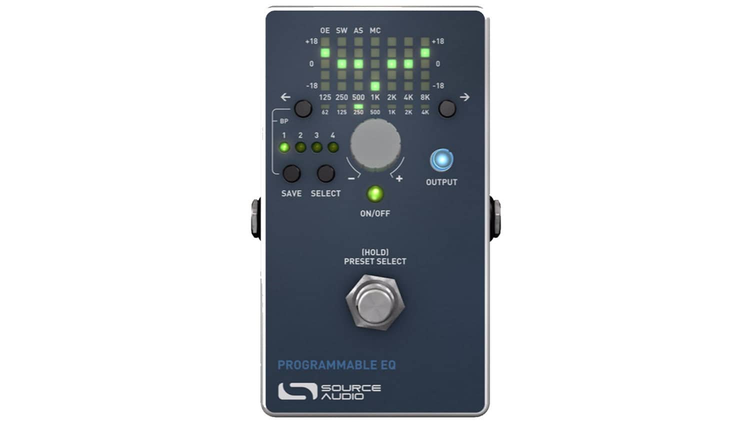 source audio programmable eq pedal with dark blue enclosure and settings LEDs