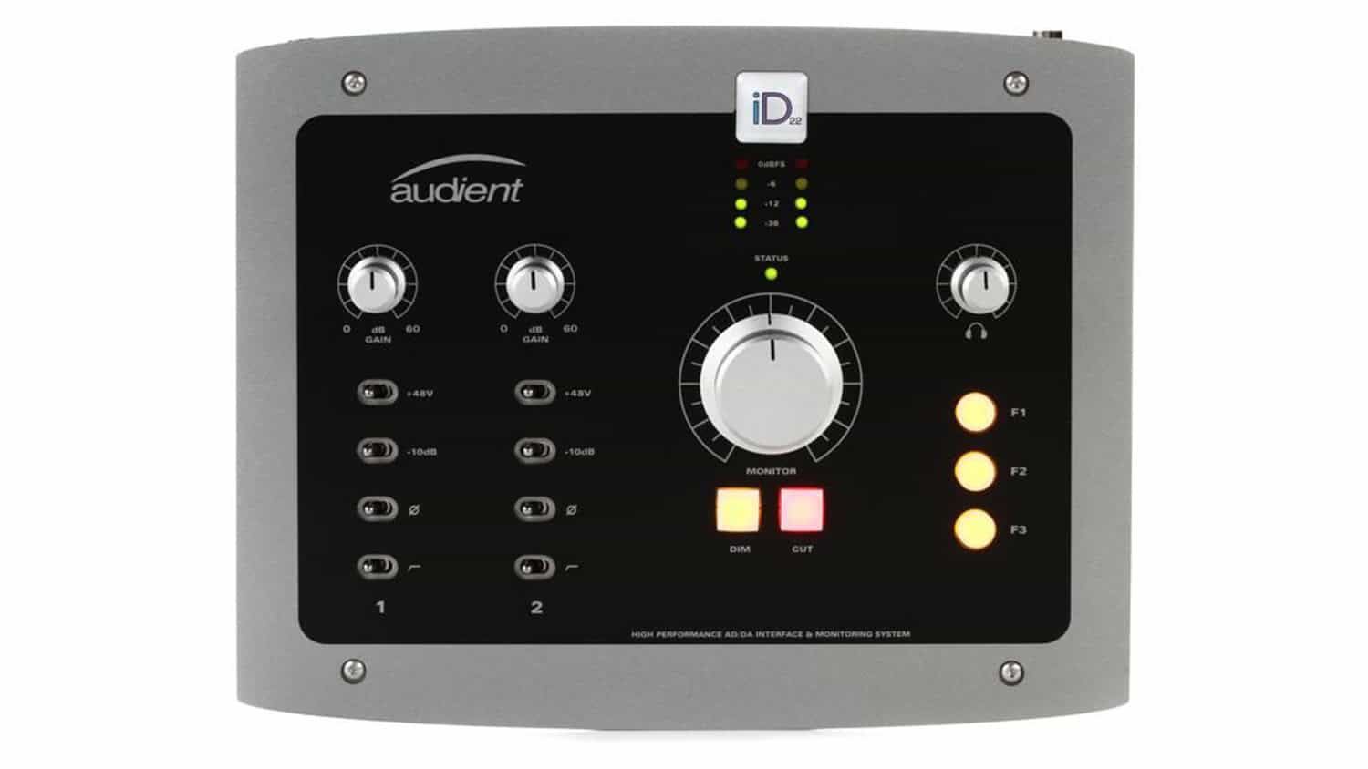 audient id22 audio interface top shot with controls and metering