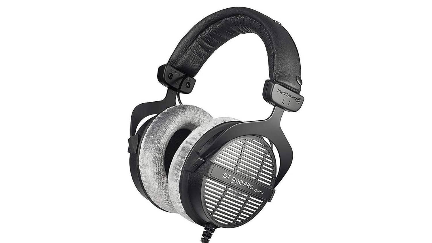 beyerdynamic dt990 pro open back headphones side shot in black with grey earcups