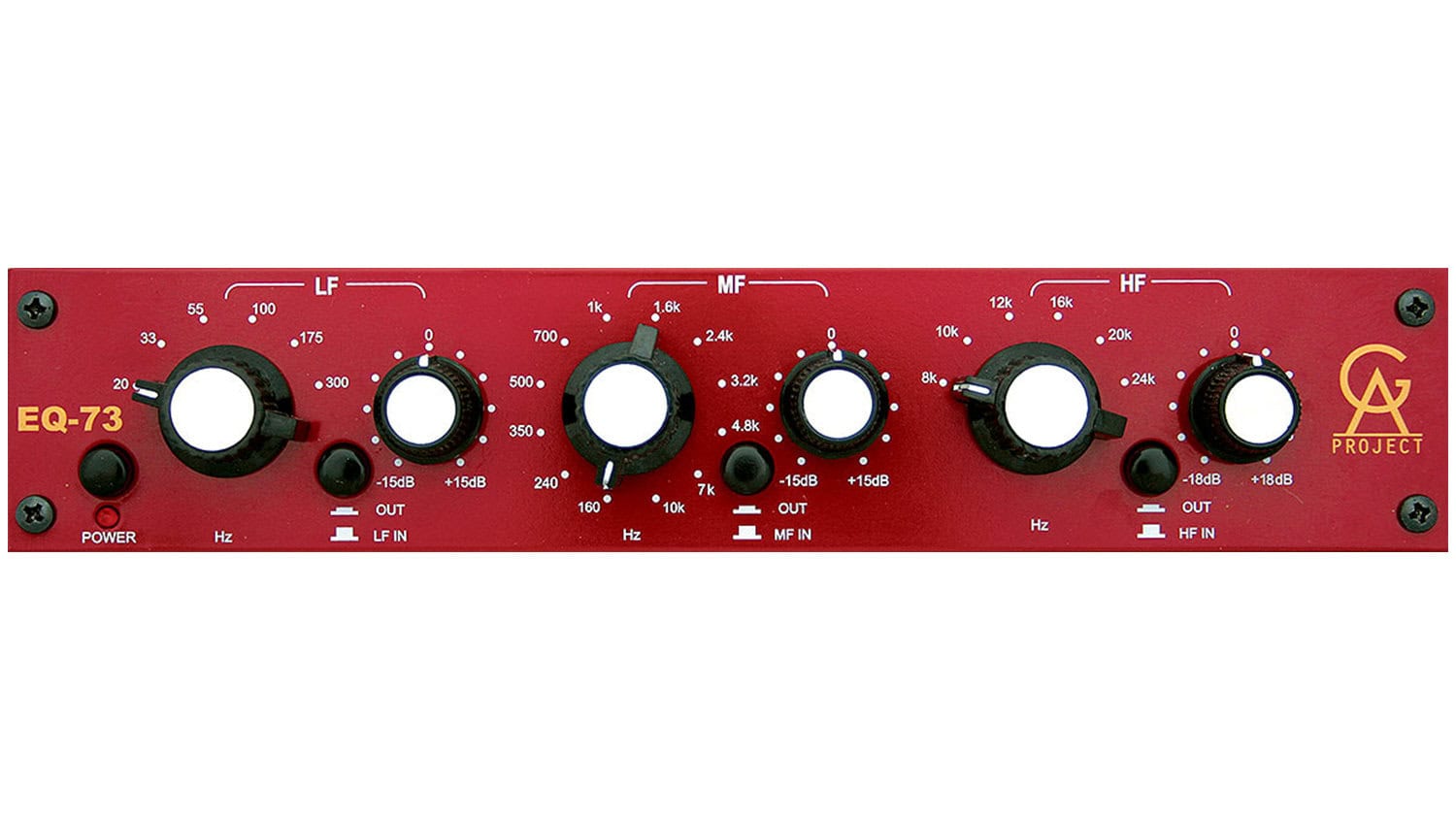 golden age project eq-73 equalizer front shot with red housing, black control knobs and buttons