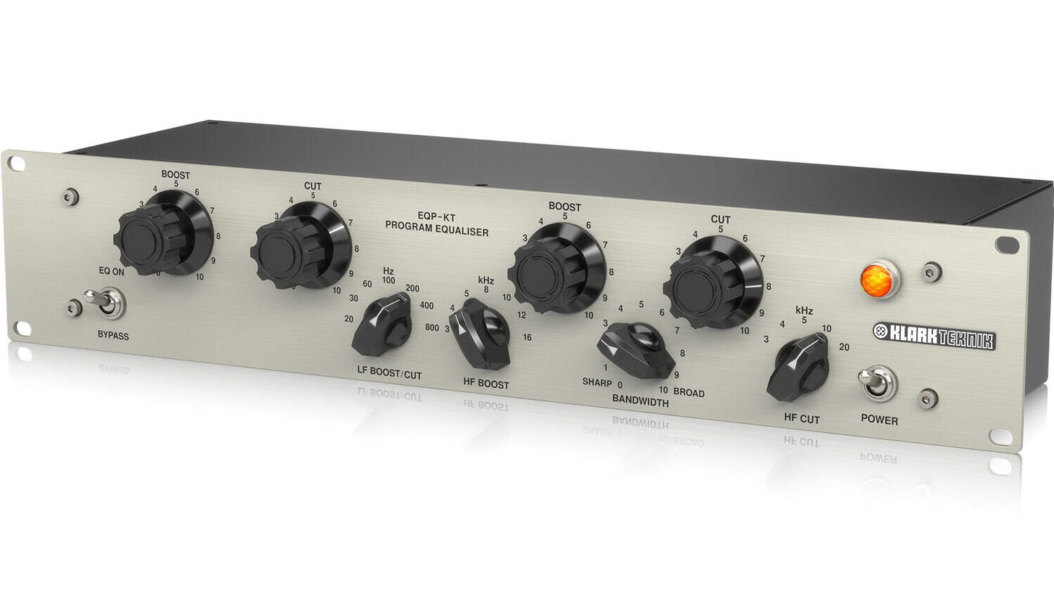 klark teknik eqp-kt pultec style equalizer front shot with grey enclosure and black control knobs and switches