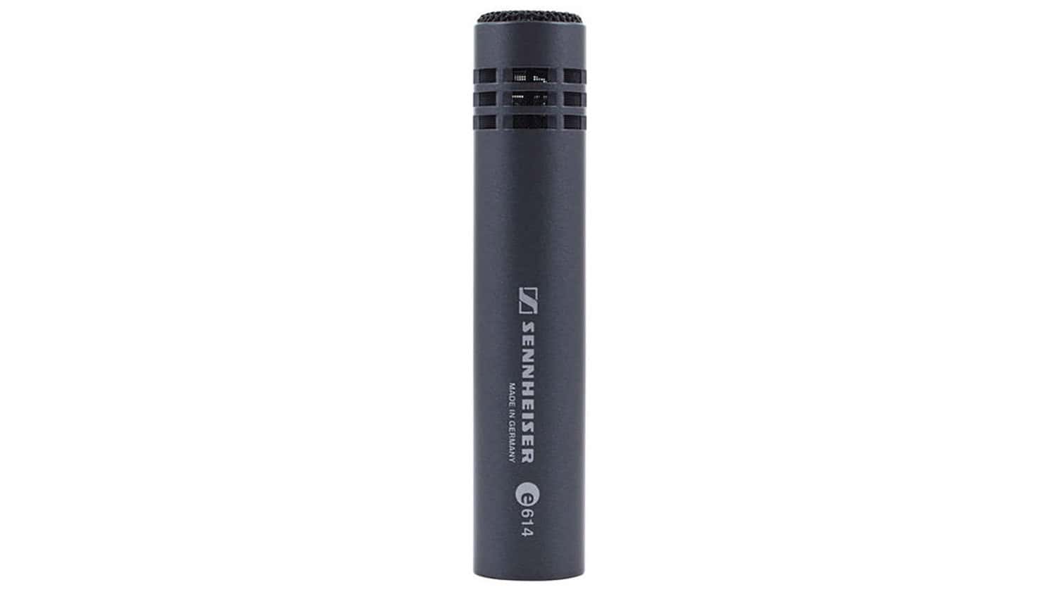 sennheiser e614 small diaphragm condenser microphone side shot with black housing and Sennheiser logo in white