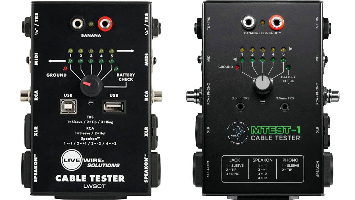 cable tester top shot with connections, settings controls, and LEDs