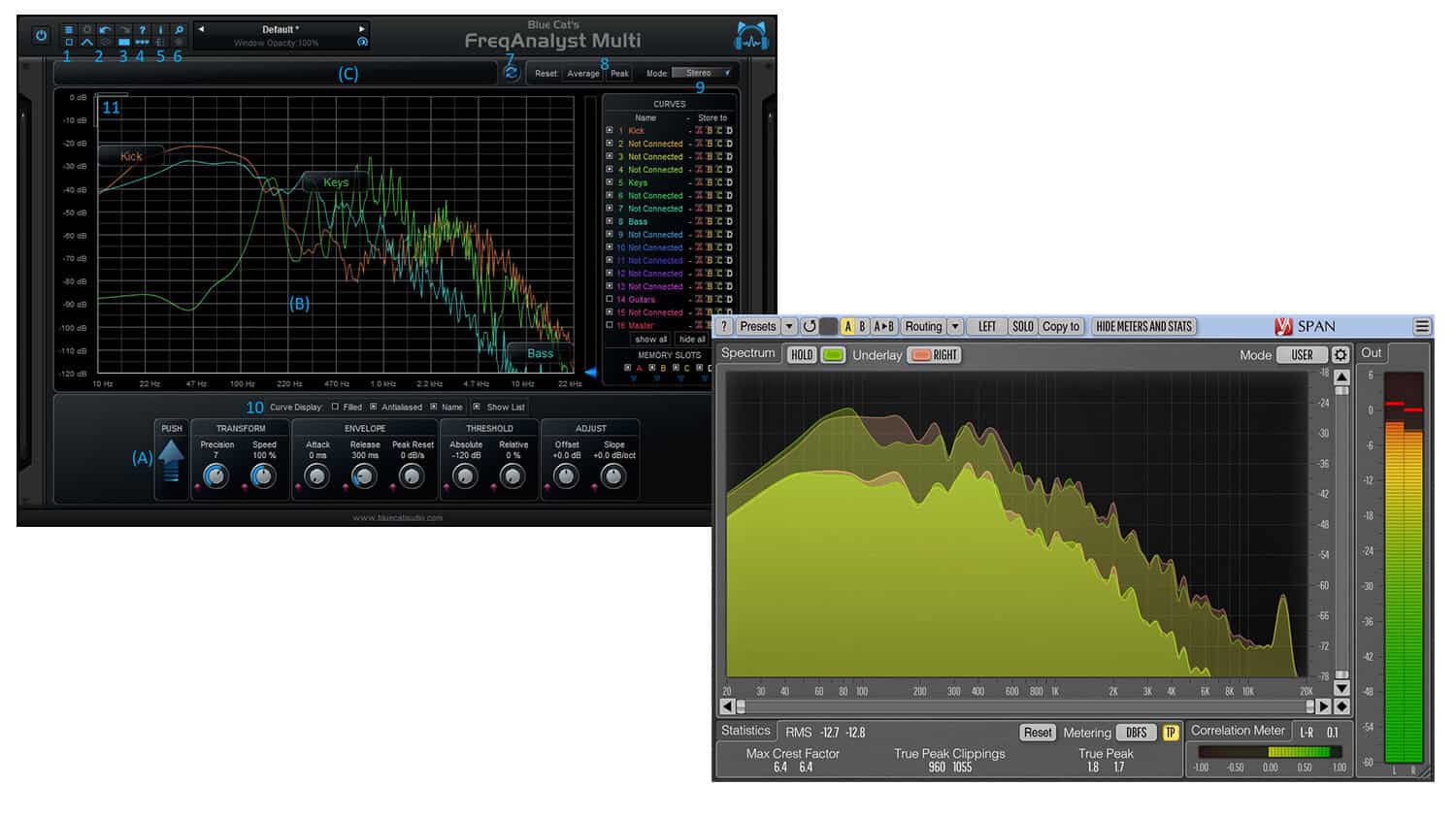 frequency analyzer plugin screenshots with visual readouts