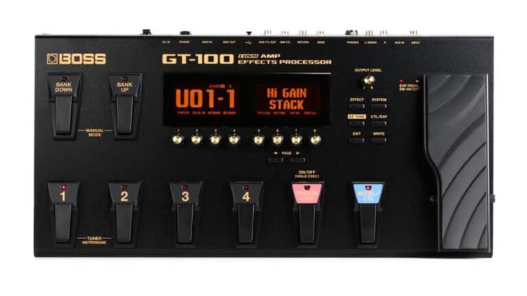boss gt100 guitar multi effect black enclosure with LCD screen, footswitches, and controls