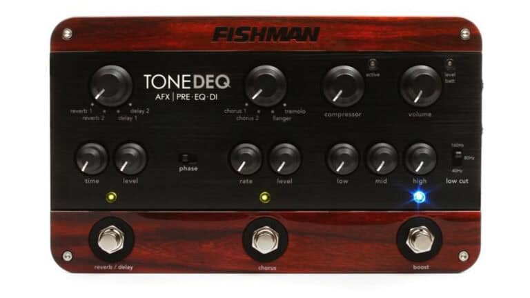 fishman tonedeq acoustic guitar multi effect with black and wood panel face, control knobs, screen, and footswitches