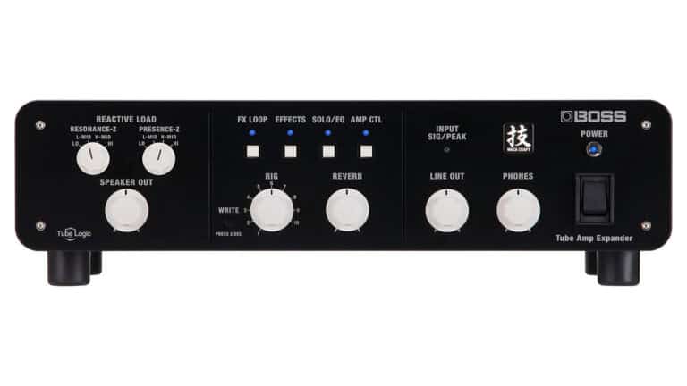 BOSS Waza Tube Amp Expander with black enclosure, white control knobs, and LEDs