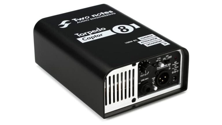 two notes engineering torpedo captor amp attenuator in black enclosure with front panel controls and I/O