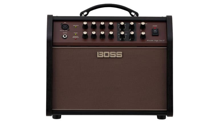boss acoustic singer live lt amp front shot with brown enclosure and grille cloth, front panel controls, and BOSS logo