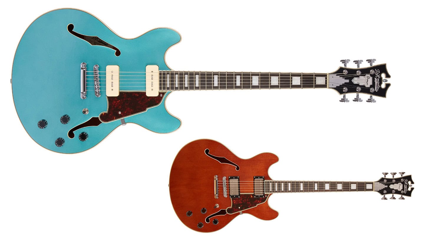 dangelico premier series dc boardwalk guitar in light blue and wine red finishes