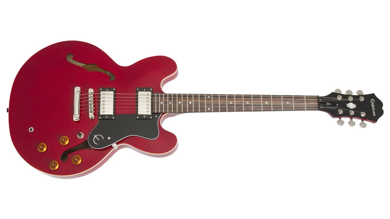 epiphone es-335 semi-hollow guitar with wine red finish and dual nickel pickups