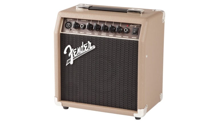 fender acoustasonic 15 acoustic amp angled front shot with blonde enclosure, brown grille cloth, front panel controls, and Fender logo