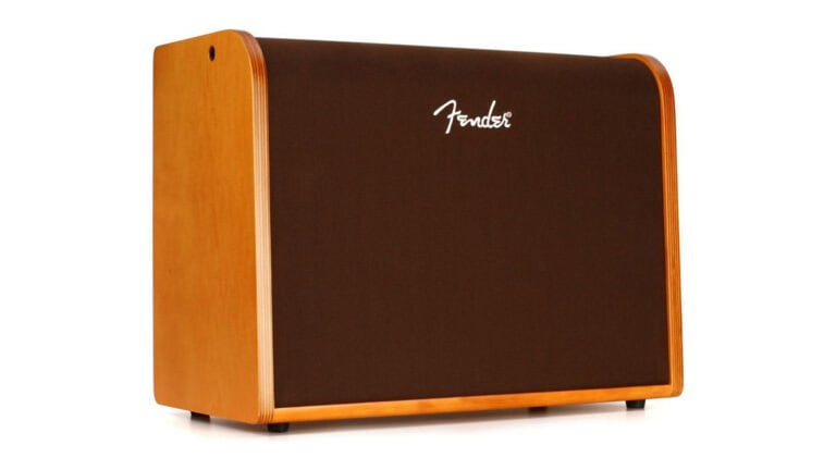 fender acoustic 100 amplifier angled front shot with wood enclosure, brown grille cloth and Fender logo