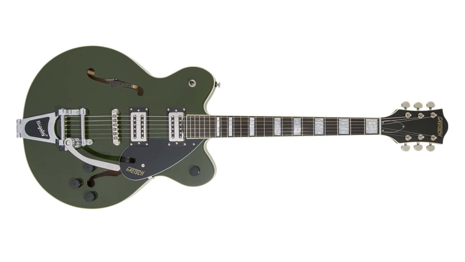 gretsch g2622t streamliner guitar with olive green finish and bigsby fretboard