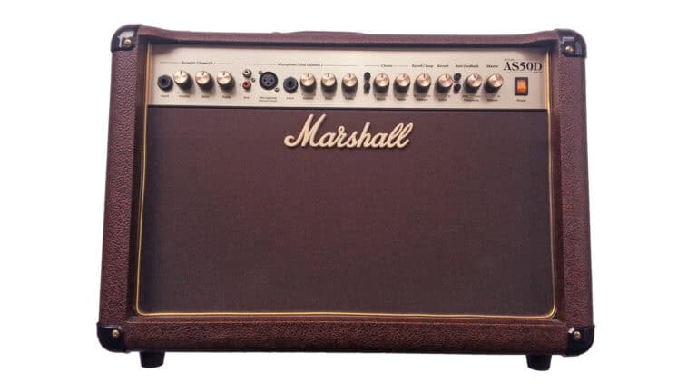 marshall as50d acoustic amp front shot with brown tolex enclosure, brown grille cloth, front panel controls, and Marshall logo