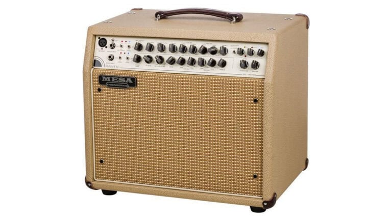mesa boogie rosette one ten acoustic amp angled front shot with tan enclosure, blonde grille cloth, and front panel controls