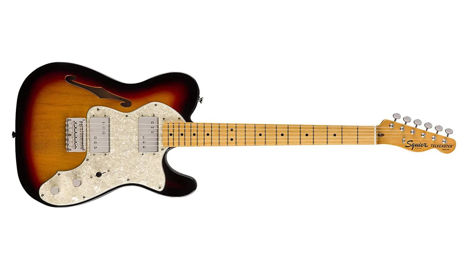 squier classic vibe 70s thinline telecaster with sunburst finish, white pickguard, and maple fretboard