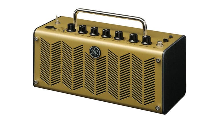 yamaha thr5a acoustic amp angled front shot with ported metal enclosure, carrying handle, and top-mounted controls