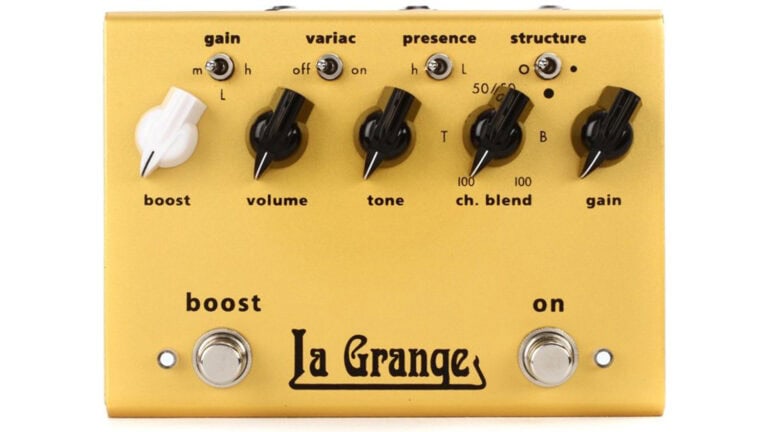 bogner la grange guitar pedal with yellow enclosure, black and white control knobs, switches, and footswitches