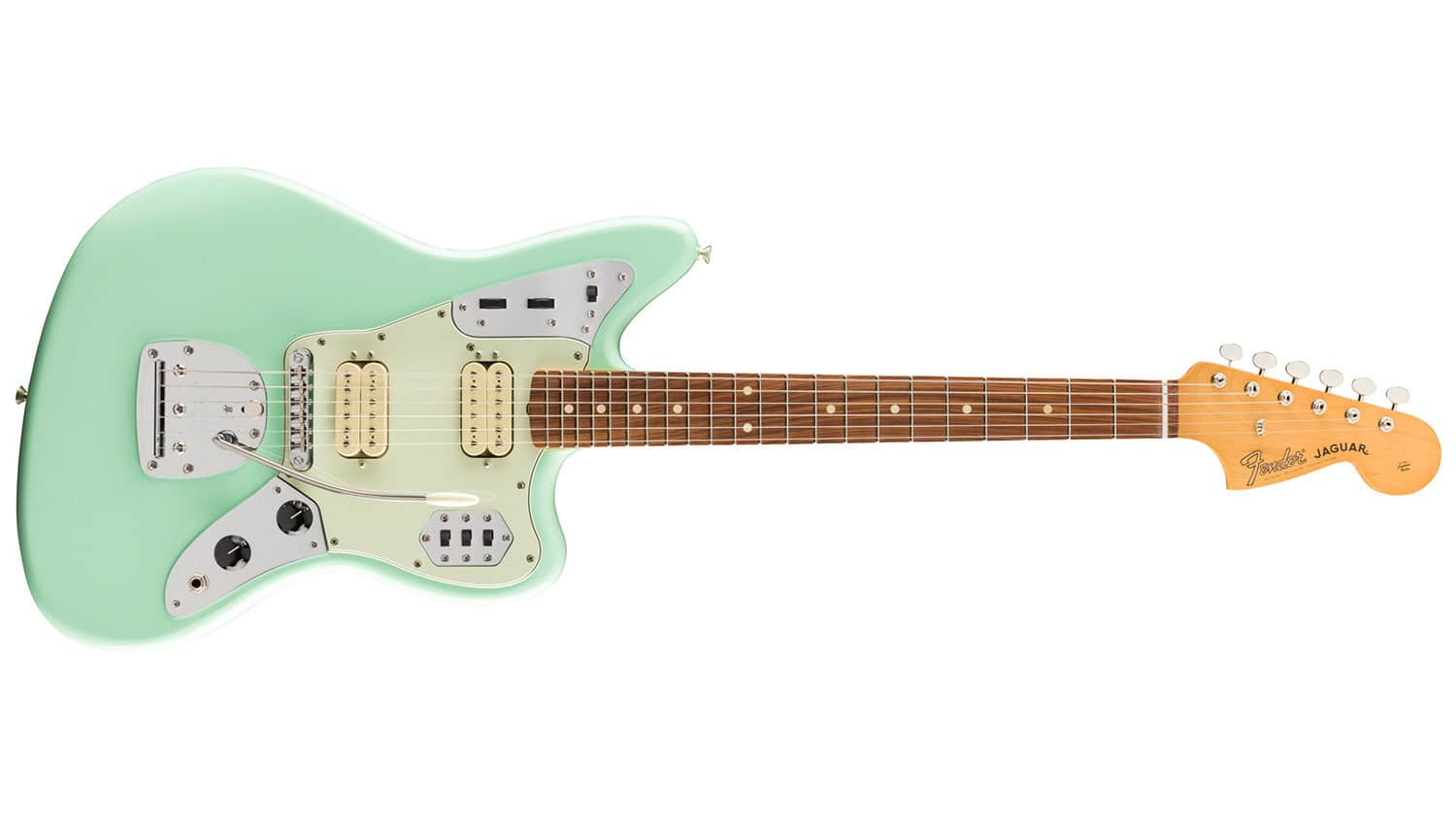 fender vintera 60s jaguar modified hh with seafoam green body, white humbucker pickups, and rosewood fretboard