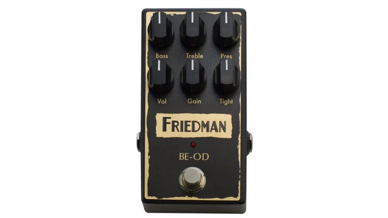friedman be-od guitar pedal with black enclosure and knobs, Friedman logo in black text with gold background