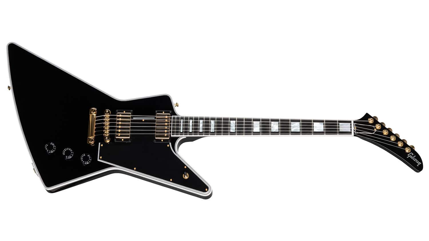 gibson explorer in black with gold humbuckers and tuners